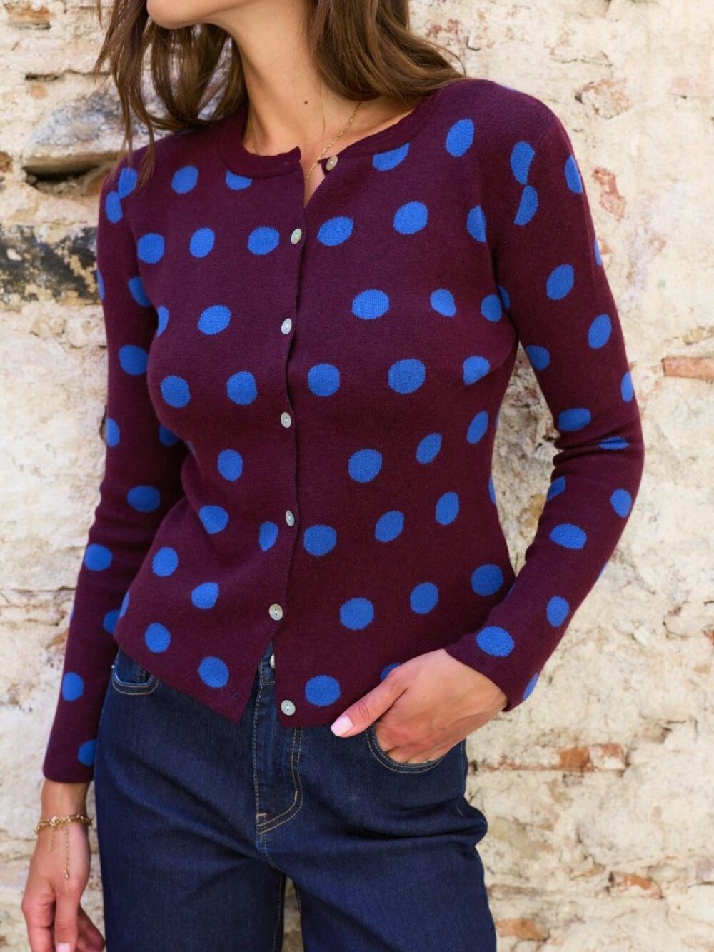 Multicolor Casual Women's Polka Dot Button Front Pocket Knit Cardigan - Picture 5 of 8